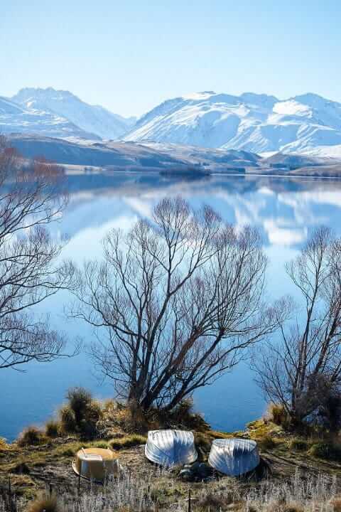 Lake Alexandrina, Tekapo, with dighies and mountains, Mackenzie Country, New Zealand